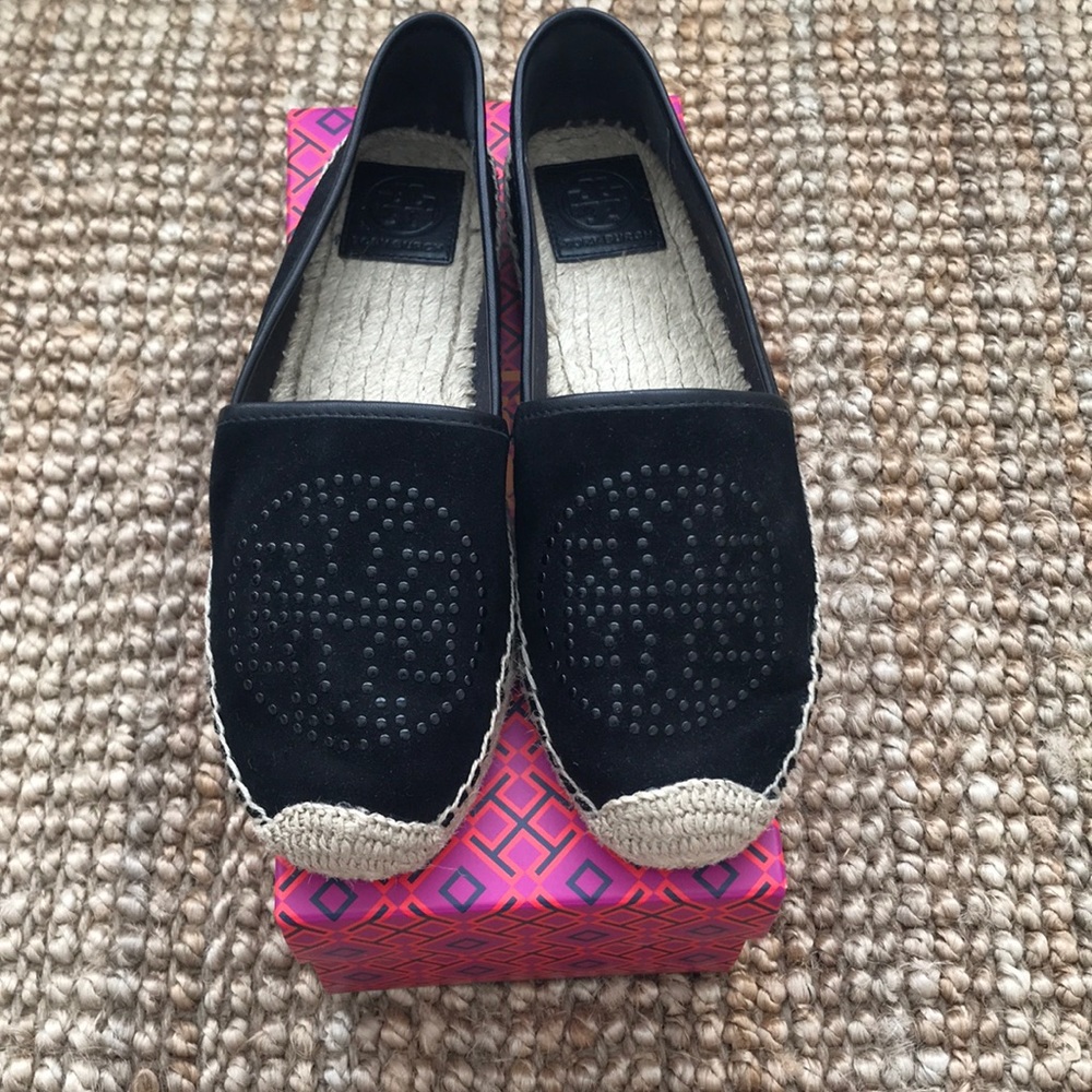 ONLY WORN ONCE, Tory Burch black suede espadrilles